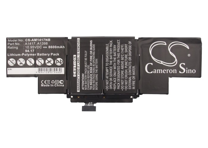 Cameron Sino Apple Macbook Pro Core i7 15 tuumaa Retina 2012 2013 akku 8600 mAh musta